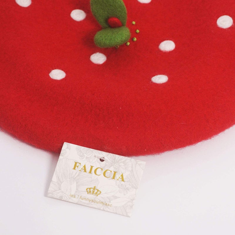 Faiccia Handmade Kawaii Strawberry Beret Vintage Artist Painter Hat Women Wool Cap Warming Gift (red) - Image 4